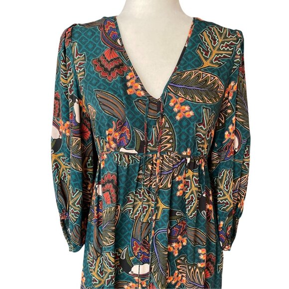 ANTHROPOLOGIE FARM RIO Ariyah Tiered V-Neck Botanical Mini Dress, Green Floral S - Picture 8 of 15